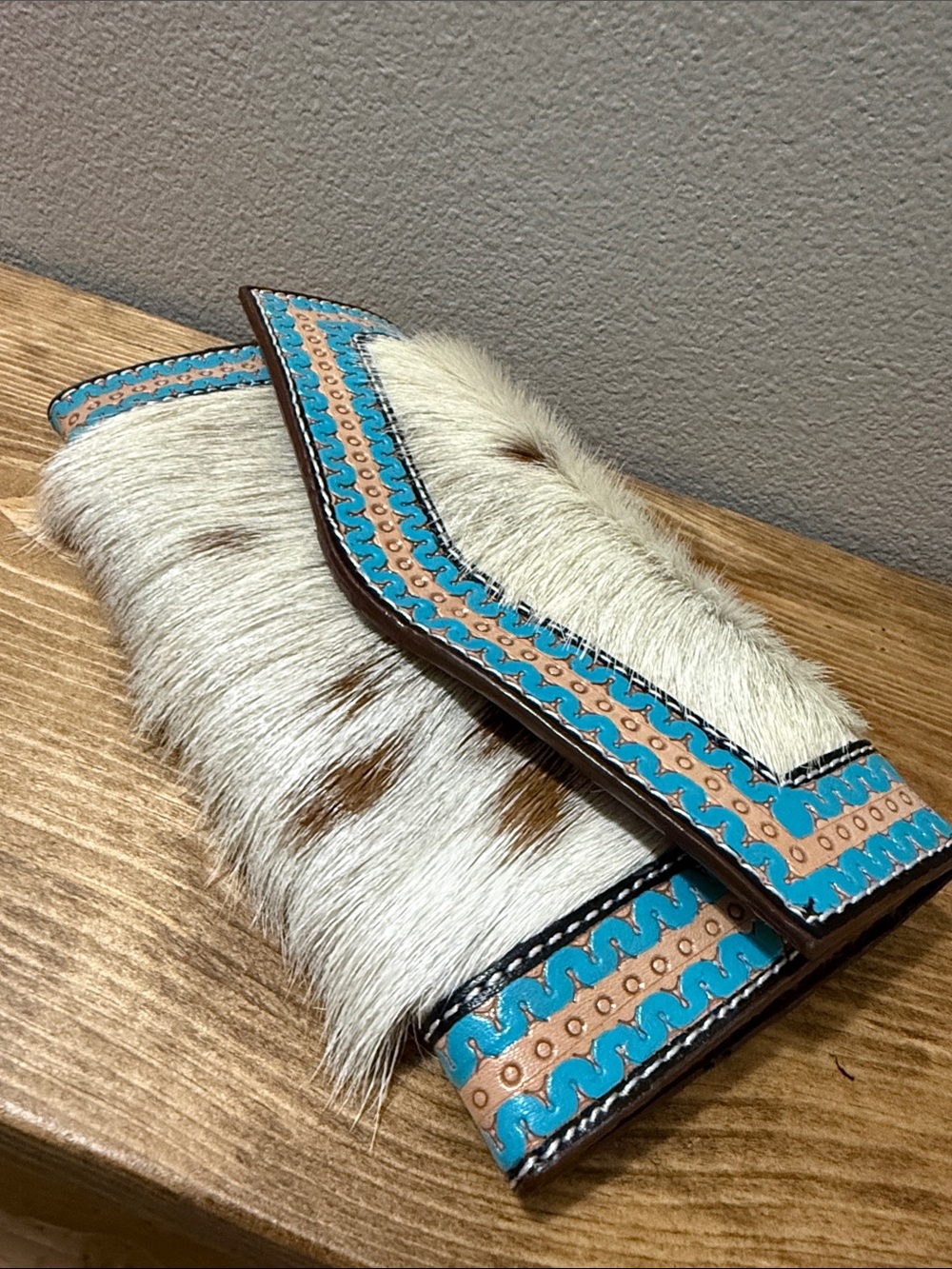 Genuine leather wallet-Handcrafted Leather Cowhide Wallet Tooled Turquoise; NWOT - Picture 11 of 12